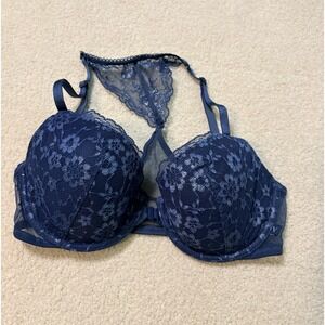 Victoria's Secret Blue Lace padded demi bra size 32D Halter Back EUC